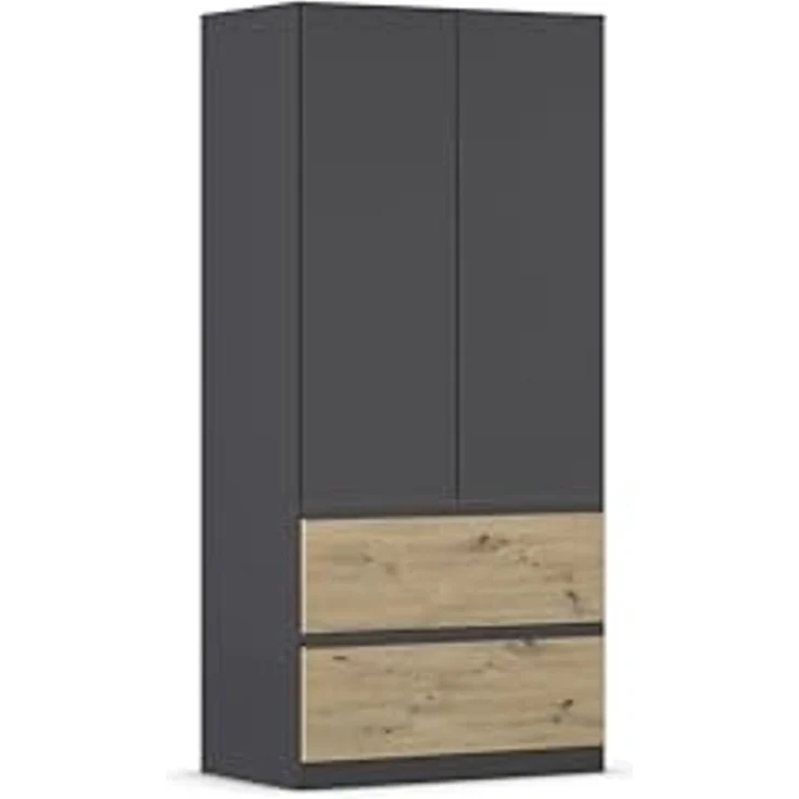 Rauch Möbel Costa, Kleiderschrank für Schlafzimmer, Kinderzimmer, Babyzimmer, Garderobe, Flur, 2-türig, 2 Schubladen, Push-to-Open, mit Zubehör Classic, Farbe Grau metallic, Schwarz, Breite 91 cm – Bild 1