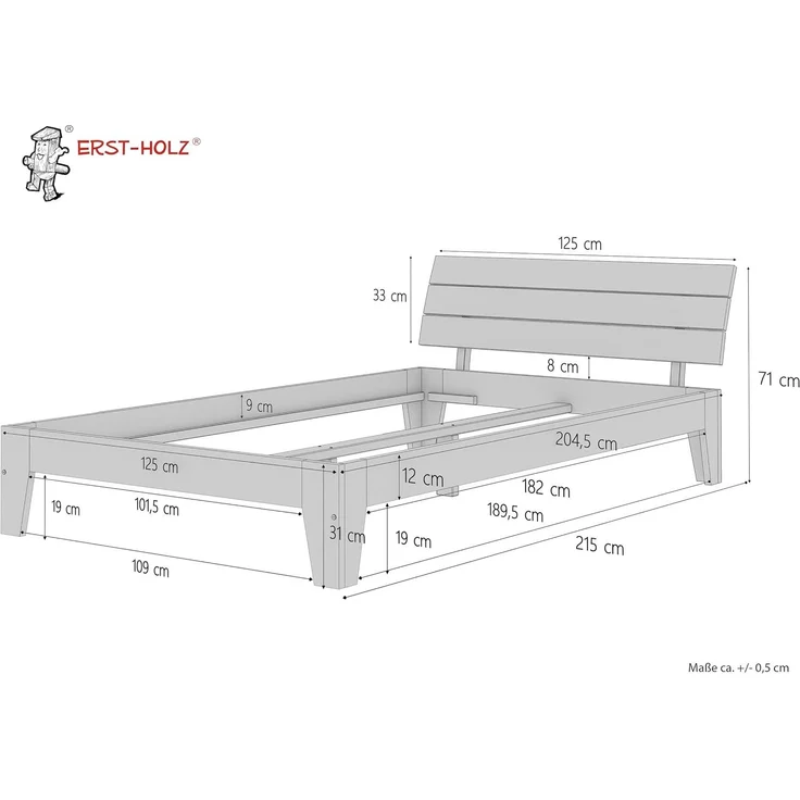 Erst-Holz Einzelbett Kieferbett natur Massivholz Futonbett 120x200 mit Rollrost 60. 62-12 – Bild 3