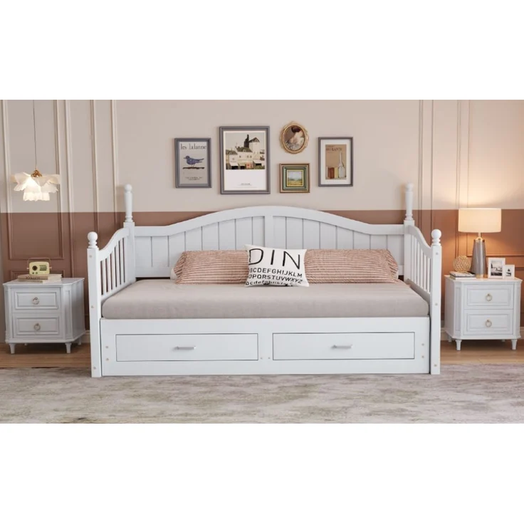 Ausziehbares Schlafsofa aus Massivholz 90/180x190 cm, Weiß, mit Schubladen & Lattenrost (ohne Matratze) – Bild 5