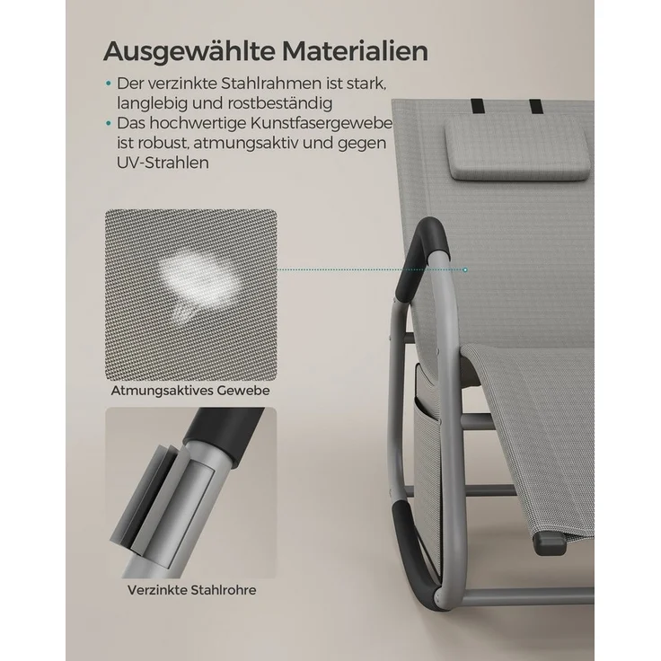 Songmics Schaukelstuhl, Liegestuhl, Stopper als Umkippschutz, verstellbare Kopfstütze, Stahlrahmen, atmungsaktiv, Seitentasche, 156,2 x 97,3 x 151 cm, taubengrau GCB230G01 – Bild 3