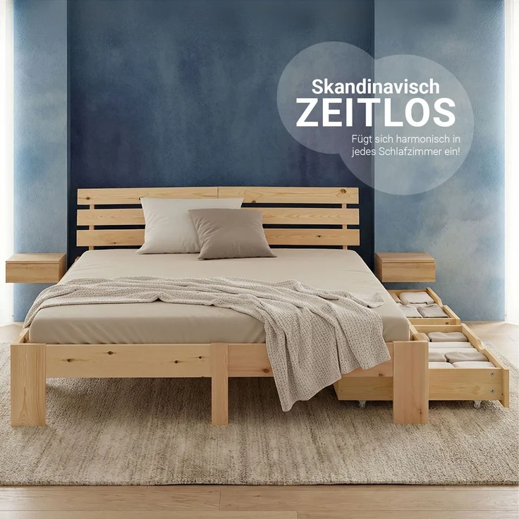 Holzbett 180x200 cm mit 2 Federkernmatratze & Bettkästen Doppelbett Bett Holzbettrahmen Natur Massiv Holz Lattenrost – Bild 9