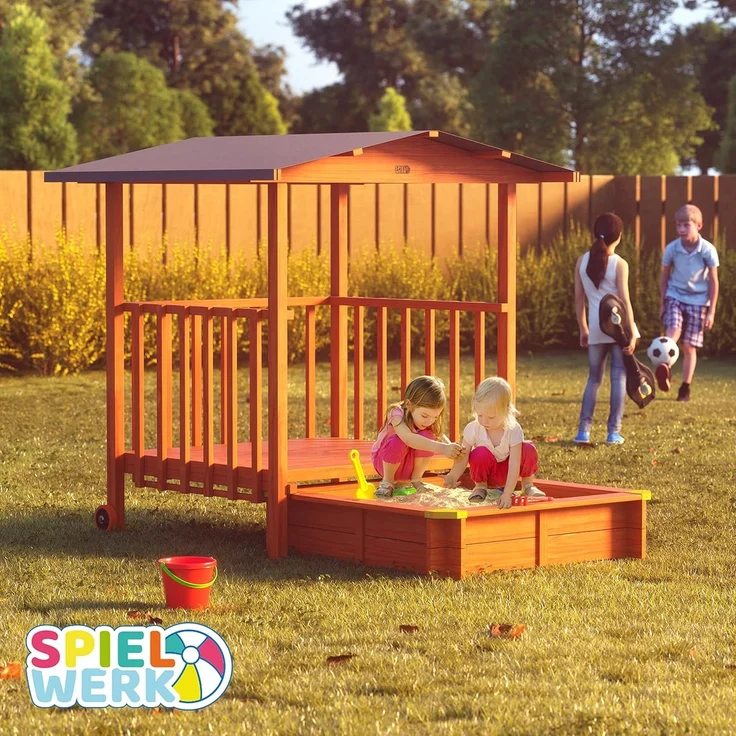 Spielwerk Sandkasten 'Merle' mit Dach und Veranda, Fichtenholz braun, 130 x 225 x 143 cm – Bild 2