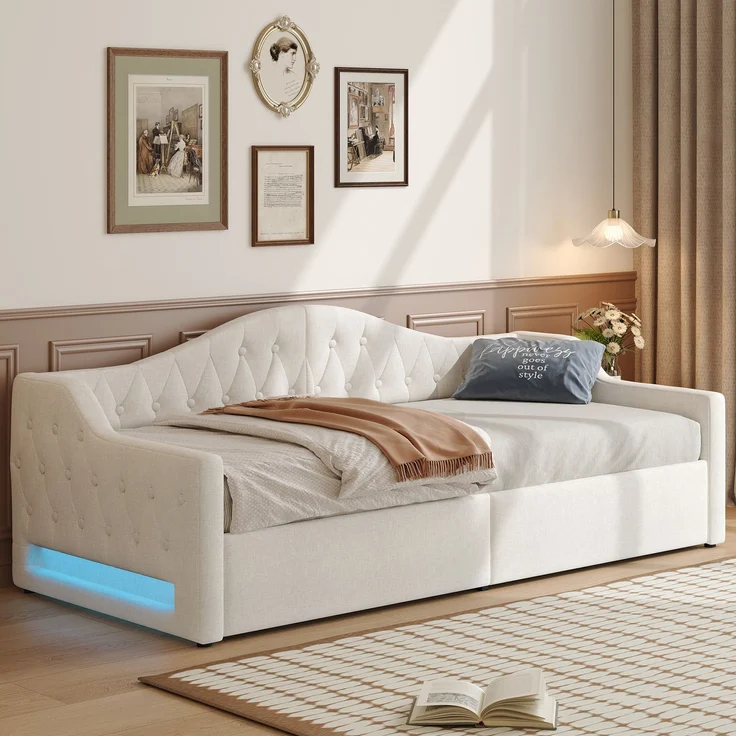 Gepolstertes 90x200 Tagesbett mit LED-Gürtel und Stauraum darunter, Beige – Bild 3