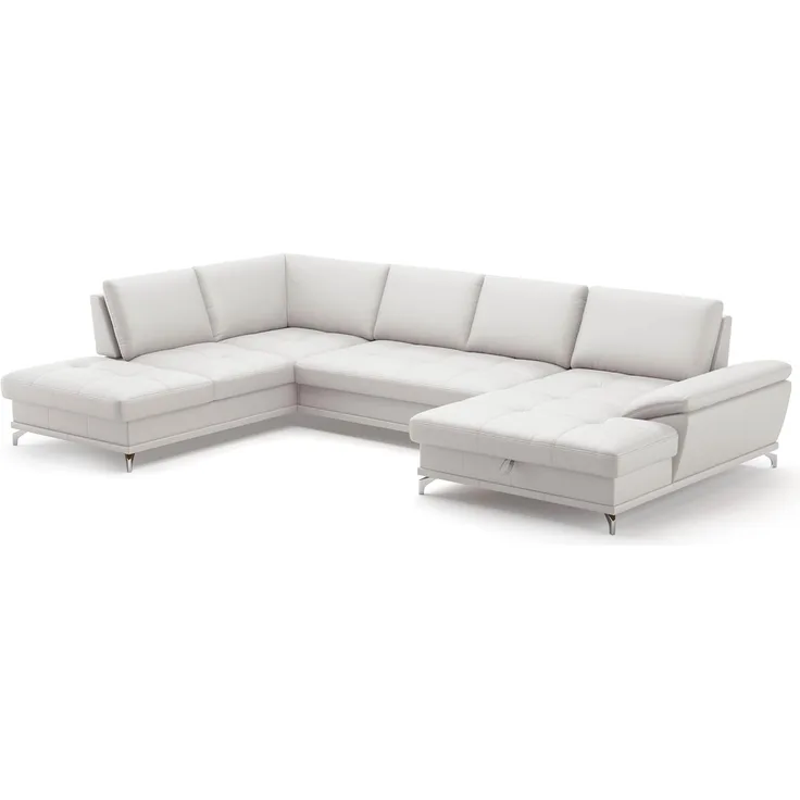 Cavadore Wohnlandschaft Castiel mit Federkern / Sofalandschaft mit großem Longchair, Sitztiefenverstellung und satinierten Metallfüßen / 363 x 89 x 223 / Echtleder, Weiß