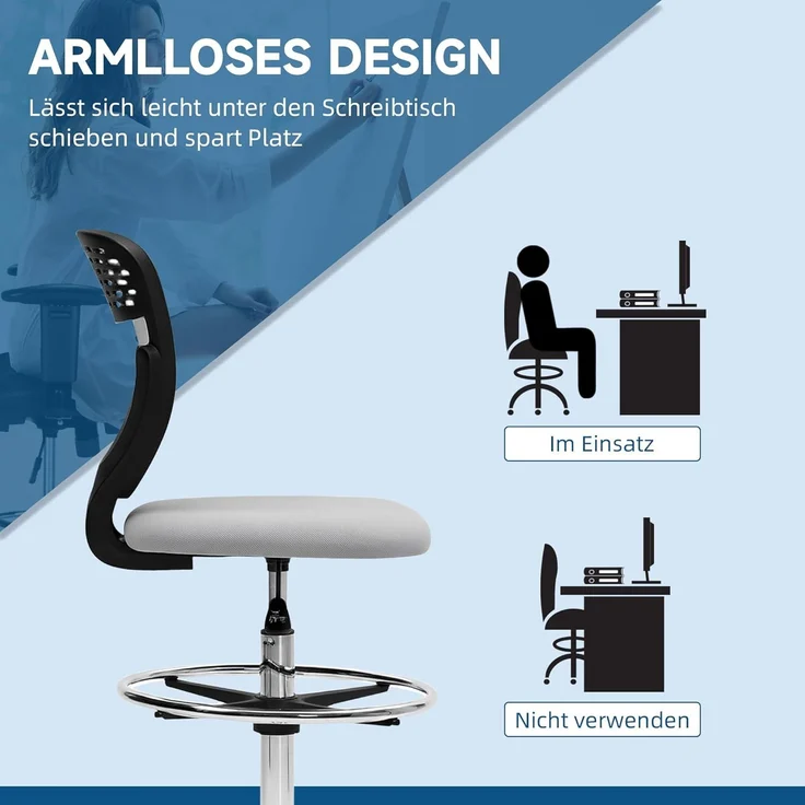 Vinsetto Bürostuhl Ergonomischer Schreibtischstuhl mit Verstellbarer Fußring, Höhenverstellbarer Computerstuhl mit Netzbespannung, Office Chair, Drehstuhl Hellgrau – Bild 7