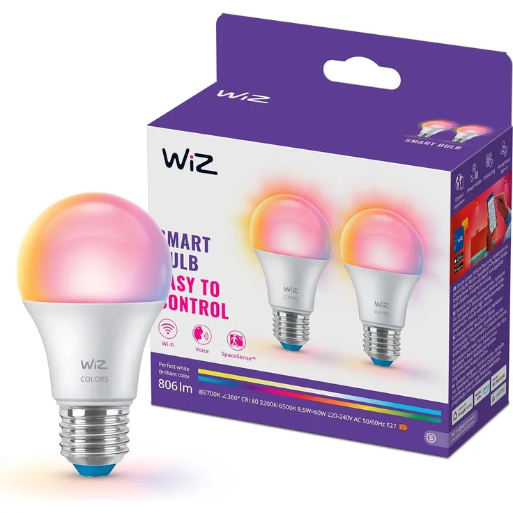 Wiz Smart LED A60-Lampe, Color und Tunable White, E27-Sockel, äquivalent 60 W, 2200–6500 K, 806 Lumen, dimmbar, funktioniert mit Alexa, Google Assistant, und Apple Home, 2er Pack