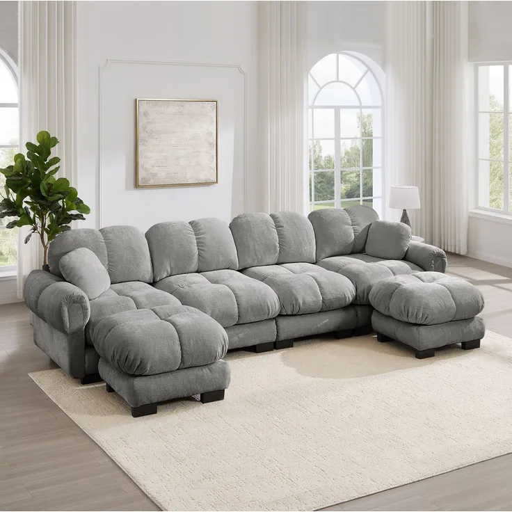 Modulares Ecksofa aus Chenille, mit beweglichen Hockern, 330x149x90 cm, Hellgrau