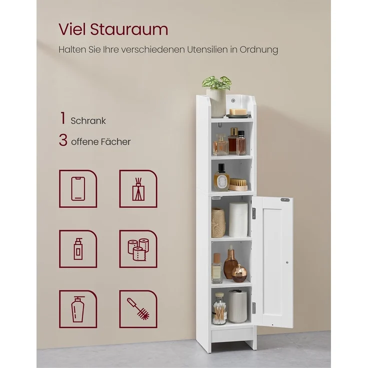 VASAGLE Badezimmerschrank klein, Badschrank schmal, stehend, mit Tür und Regal, kleiner Schrank für Toilettenpapier, Toilettenschrank, verstellbare Ablagen, 20 x 18 x 92 cm，wolkenweiß – Bild 4