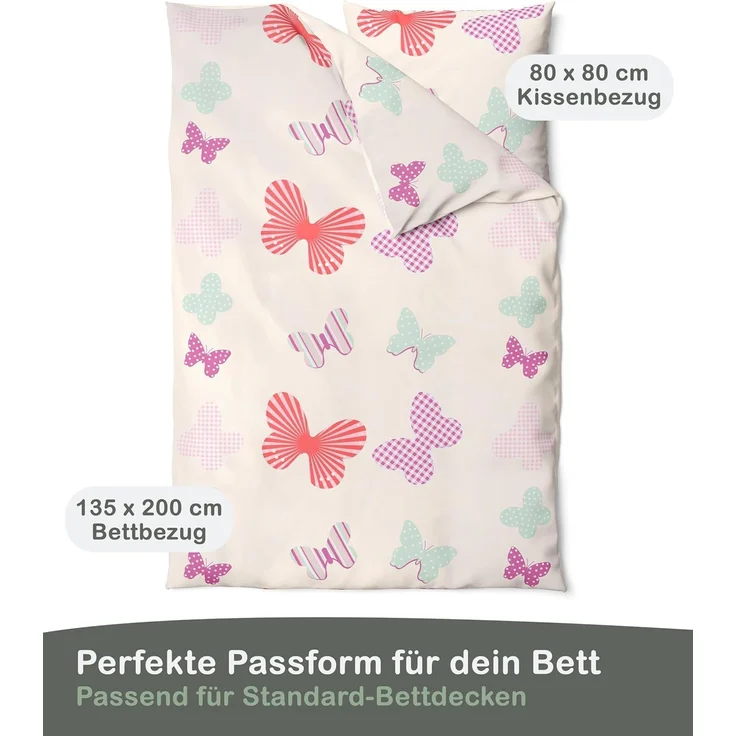 LINKHOFF Kinderbettwäsche Schmetterling Bettwäsche 135x200, 100% Baumwolle Mädchenbettwäsche Schmetterlinge Rosa Butter + Kissen – Bild 2