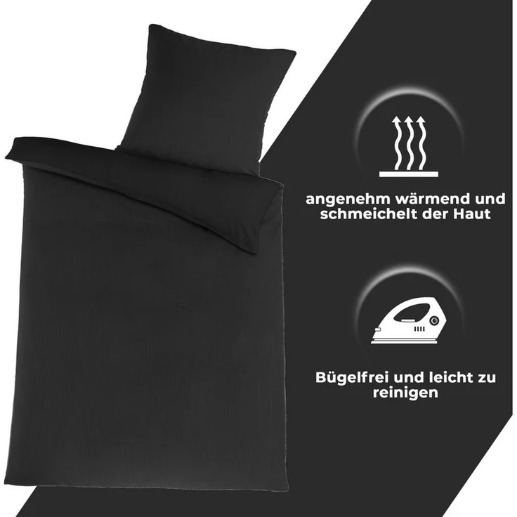 Malika Bettwäsche aus 100 % Mikrofaser, 135x200 + 80x80 cm, Seersucker, Schwarz, Seersucker, 2 teilig, Für Allergiker geeignet, pflegeleicht, angenehm weicher Stoff – Bild 2