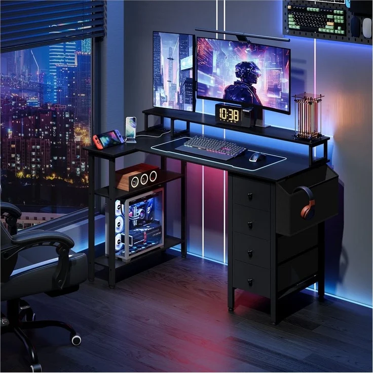 Yaheetech Computertisch Umkehrbarer Gaming-Schreibtisch mit Monitorhalterung, 120 cm L × 68 cm B × 86,5 cm H L-förmiger mit Steckdose – Bild 2