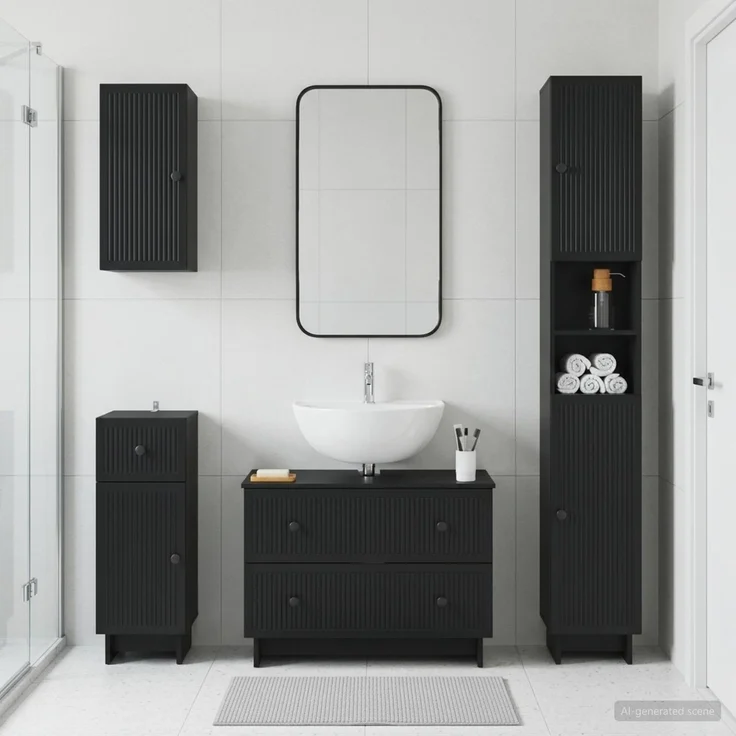 vidaXL 4-teiliges Badezimmer-Schrank-Set EDE Schwarz Holzwerkstoff 3417901 – Bild 1