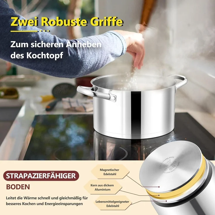 Kochtopf 24cm Edelstahl Suppentopf Glasdeckel Induktion 5,6 L Fleischtopf – Bild 5