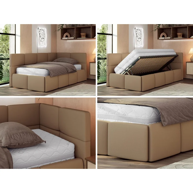 Jugendbett 90x200 ARVO Polsterbett mit Bettkasten, Stauraum & Gasdruckfeder, Modernes Design mit Kopfteil, Pocket Matratze - Braun Kunstleder - VIRE LUX - Rechts Seite – Bild 2