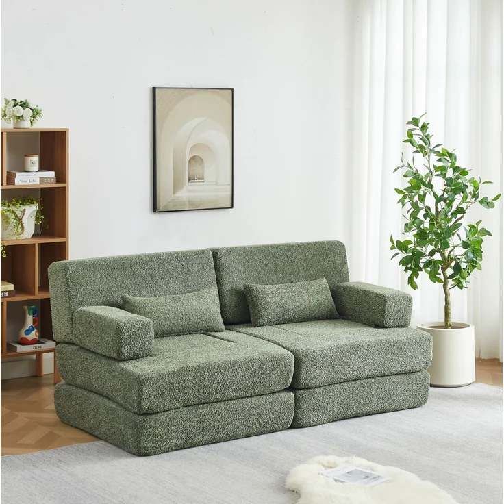 Modulares Schlafsofa aus Chenille, 2-in-1 als Sessel und Gästebett, 182x90x80 cm, Grün – Bild 1