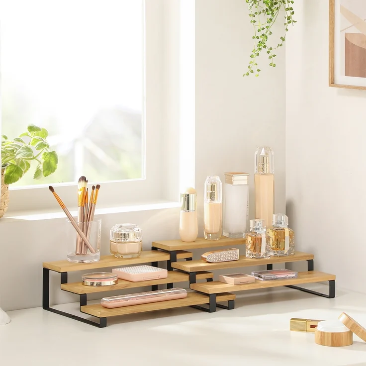SONGMICS Gewürzregale, Küchenregale stehend, Küchen-Organizer, 2er Set, Holzwerkstoff, je 3 Ablagen, ausziehbar, stapelbar, für Speisekammer, Arbeitsplatte, naturbeige-tintenschwarz KCS016N01 – Bild 2