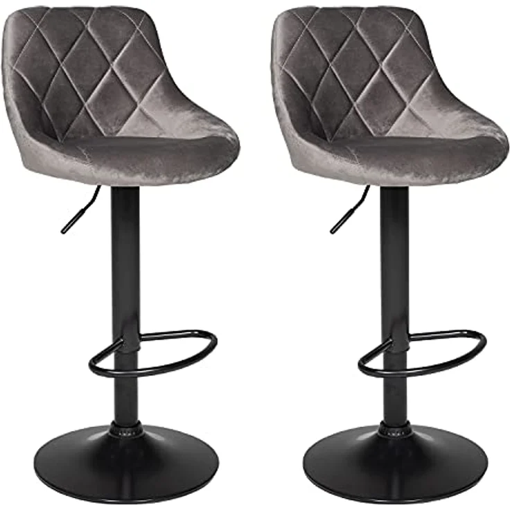 Happy Garden 2er Set Barhockern aus grauem Samt Robin. Küchenstuhl in modernem Design mit Sitzfläche, höhenverstellbar, um 360° drehbar und Fußstütze. Hocker mit Rückenlehne aus Samt – Bild 2