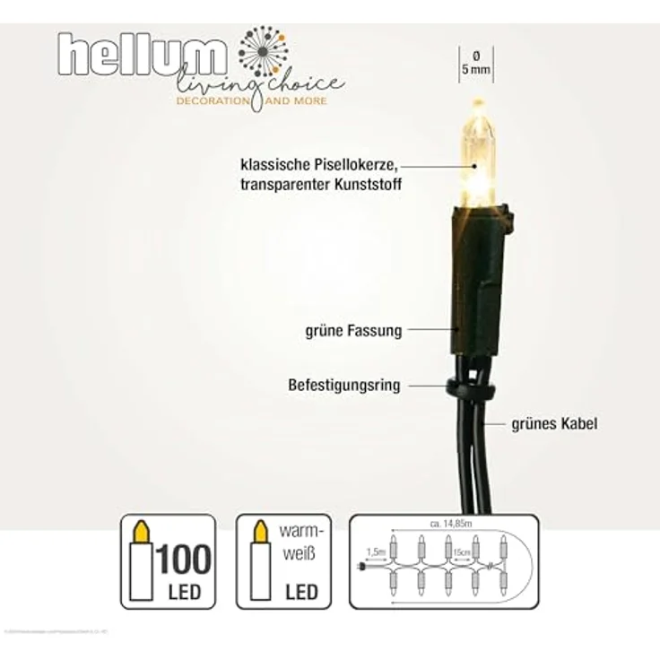 hellum Lichterkette innen mit 100 LEDs, Weihnachtsbaum Lichterkette warmweiß, 14,85m beleuchtet mit grünem Kabel, für innen mit Stecker 1,5m Zuleitung – Bild 4