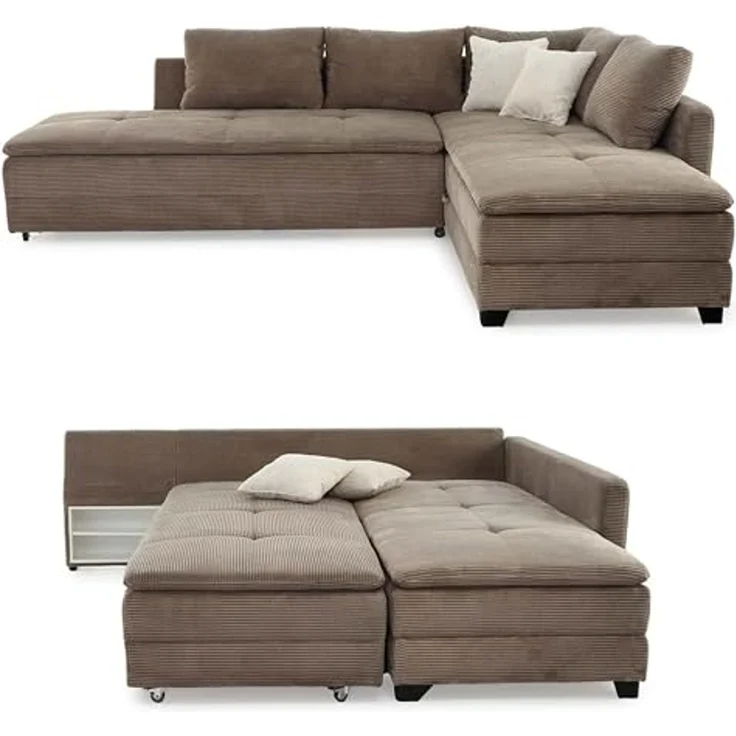 Ecksofa-Dauerschläfer Doppelbett Federkern Bettkasten Couch in Cord Braun Taupe – Bild 4