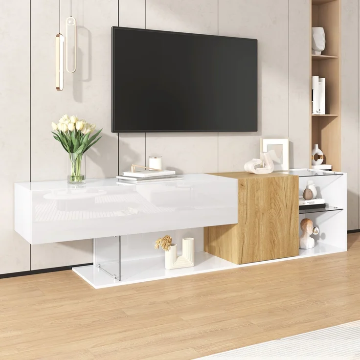 TV-Schrank 180 cm in Weiß Hochglanz mit Holzoptik, Lowboard mit Türen und Glasregalen – Bild 6