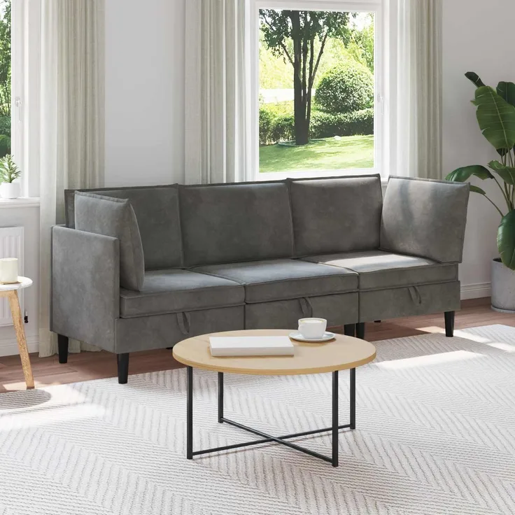 vidaXL Wohnzimmergarnitur mit Kissen 3 pcs Dunkelgrau Samt 3413733