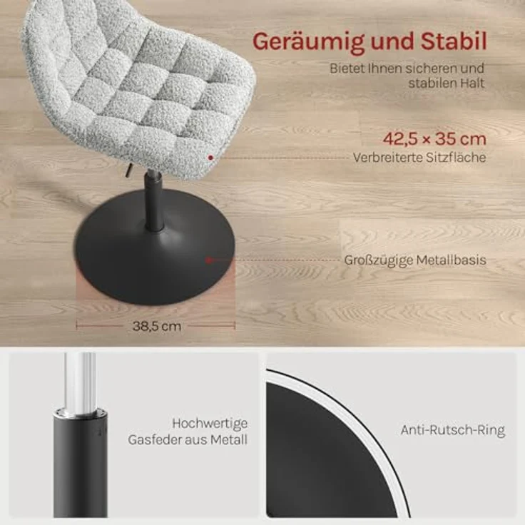 WOLTU Schminktisch Stuhl Hocker für Schminktisch, Schlafzimmer & Esszimmer - Höhenverstellbar, 360° Drehbar mit Rückenlehne, aus Bequemer Chenille, Grau – Bild 7