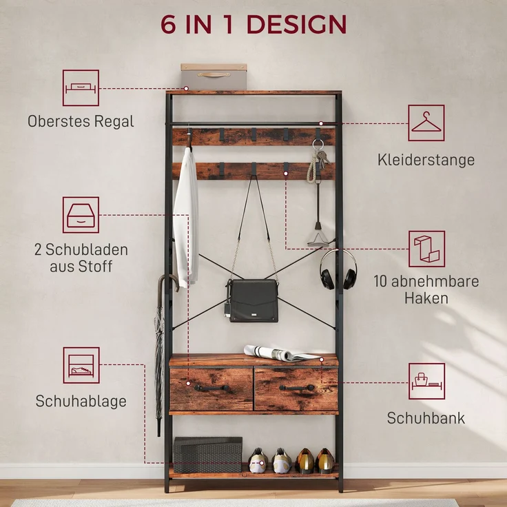 MELAYR, Garderobe mit Schuhregal, Mantelständer mit Sitzbank, 10 Haken, 80 x 30 x 180 cm, Rustikal-Braun – Bild 6