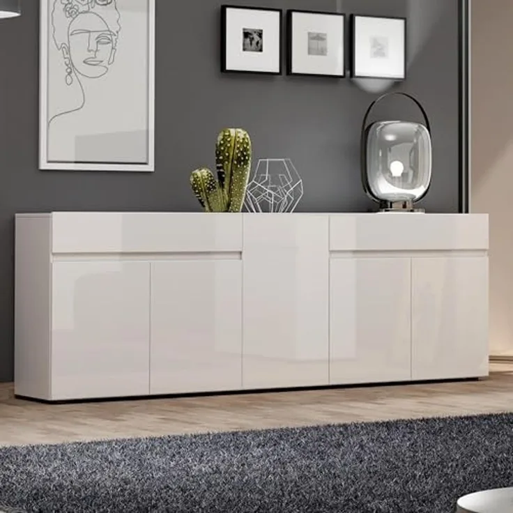 Dmora - Kommode Bethal, Wohnzimmerbuffet, Wohnzimmer-Sideboard, Moderne Küchen-Speisekammer, Made in Italy, 225x38h79 cm, Glänzendes Weiß