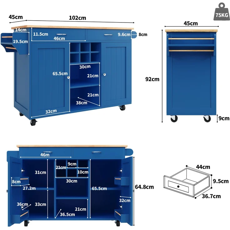 Abrihome Kücheninsel mit Holzmaserung und Stauraum, Blau, 92x45x102 cm – Bild 8