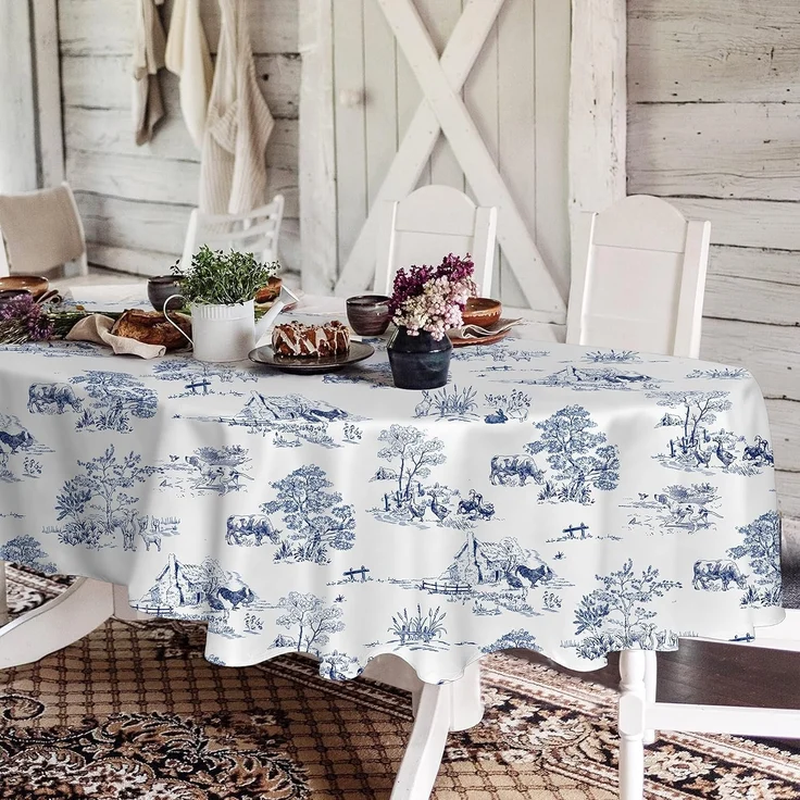 Rustikale ovale Tischdecke, 152,4x213,3 cm, blau-weiß, Landhaus-Tischdecke, klassischer französischer Dorfdruck, Polyester, wasserdicht, Tischdecke für Bauernhaus, Küche, Innen- und Außenbereich, – Bild 1