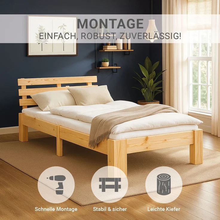 Holzbett mit Federkernmatratze 90x200 Jugendbett Einzelbett Bett Holzbettrahmen Natur Massiv Holz Lattenrost – Bild 5