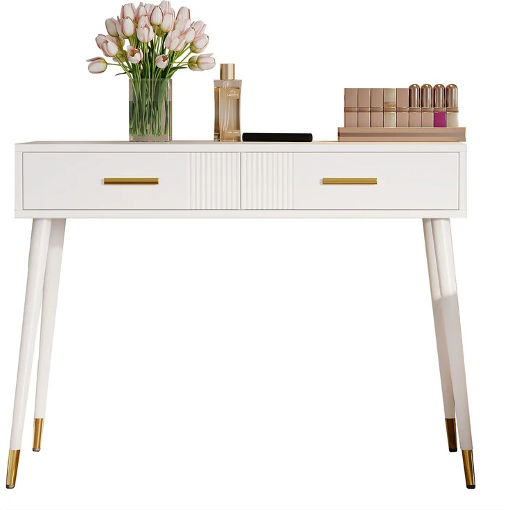 EINHOM Schminktisch, Frisiertisch, Schreibtisch mit 2 Schubladen, Metallfüße, weiß, Maße: H 76 cm × B 100 cm × T 40 cm(ohne Spiegel) – Bild 5