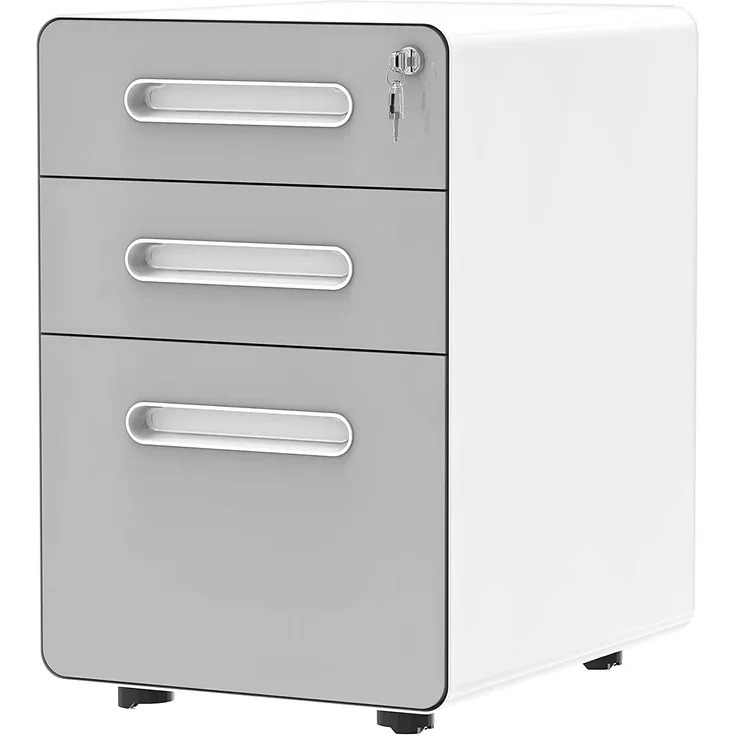 YITAHOME 3-Schubladen Rollcontainer, Metall Mobiler Aktenschrank mit Schloss, Büroschrank unter dem Schreibtisch passt Rechtlich/Brief/A4 Größe für Haus/Büro, komplett montiert-grau und weiß