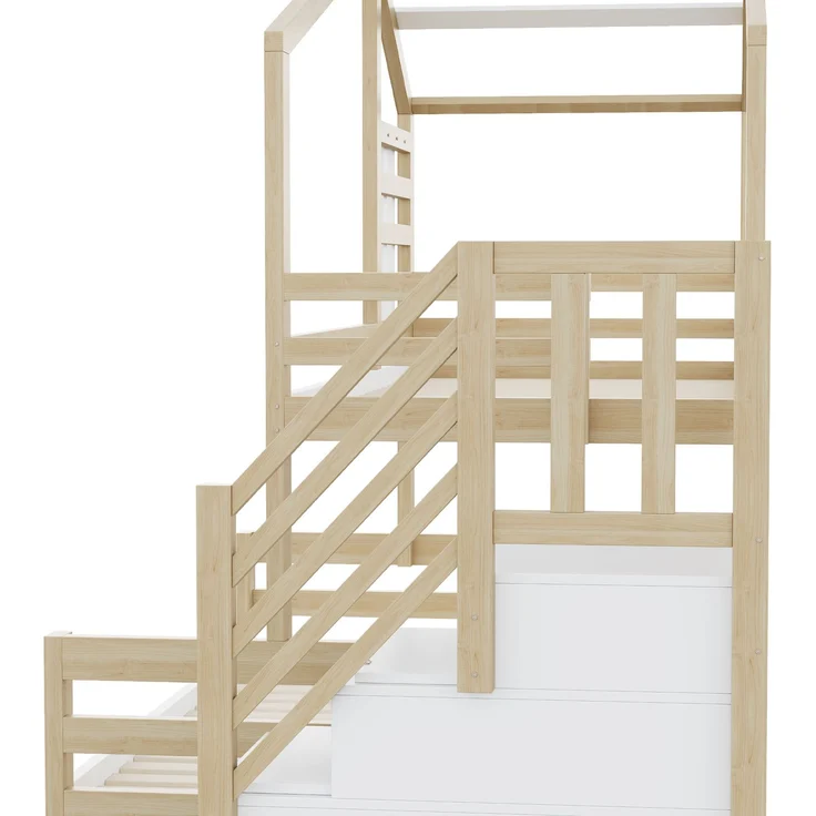Etagenbett 140x200 Kinderbett Hausbett Kiefernholz+MDF, Geländer & Stauraum,Weiß & Natur – Bild 10