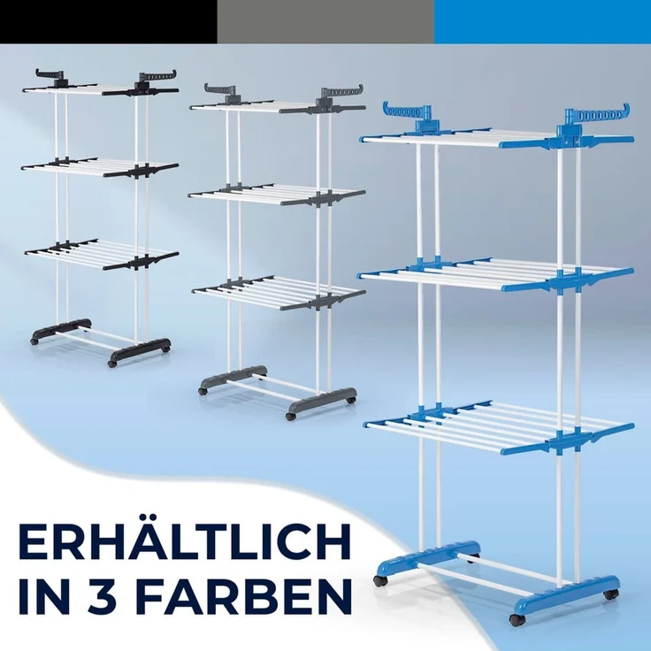 EASYmaxx Klappbarer Wäscheständer | Effizientes Trocknen mit 3 Ebenen, 2 Seitenflügeln & leichtem Aufbau | Platzsparend, vielseitig und mobil für drinnen und draußen, Grau/Weiß – Bild 10