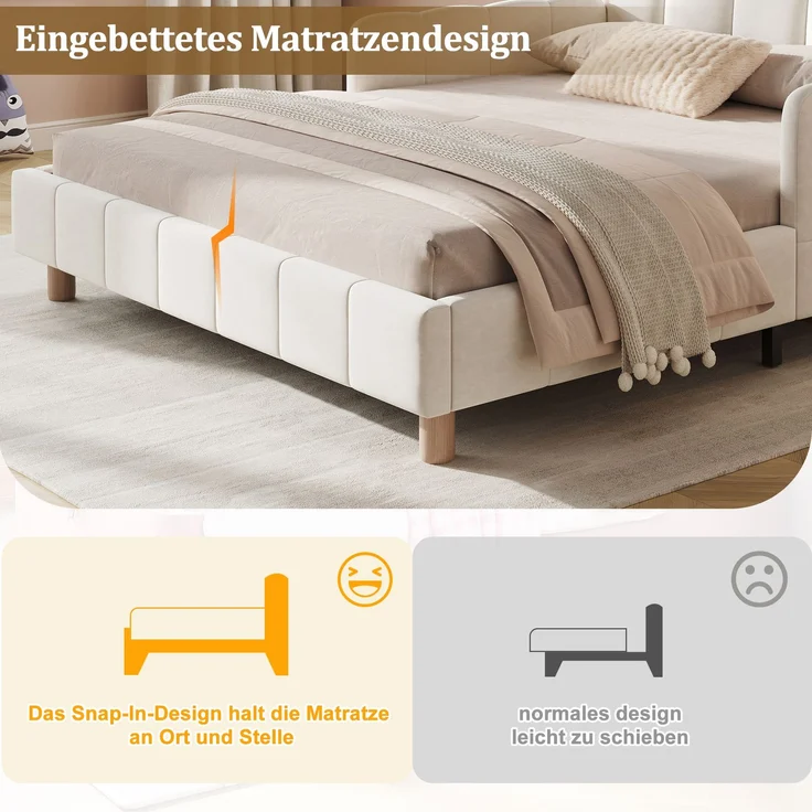 EINHOM Polsterbett, Einzelbett, Kinderbett 140 x 200 cm, Bett mit und Gepolstertes Kopfteil und Rausfallschutz, Bettbeine aus Massivholz, Samt, Beige, (Ohne Matratze) – Bild 6