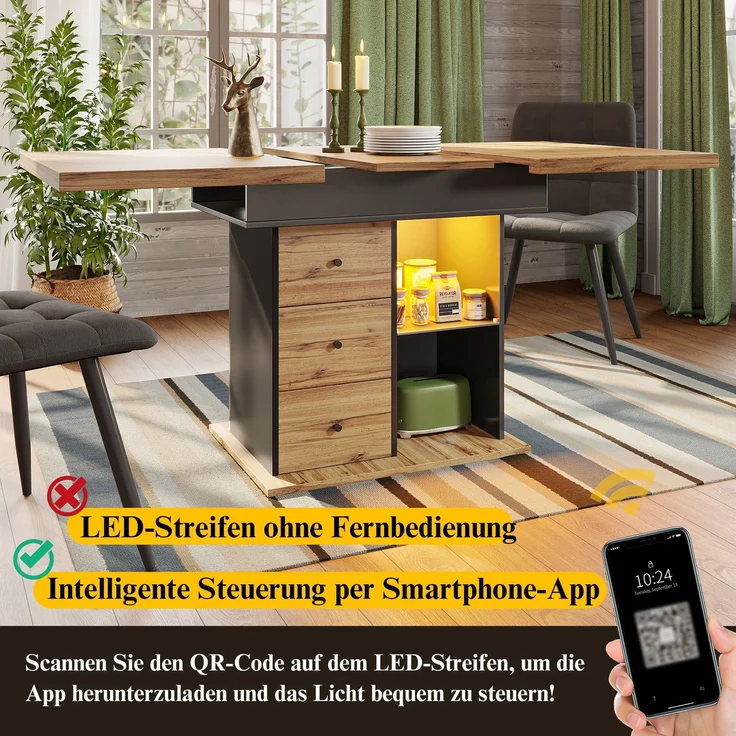 Abrihome Ausziehbarer Esstisch 110-140x80 cm für 4-6 Personen mit LED, Schwarz – Bild 5