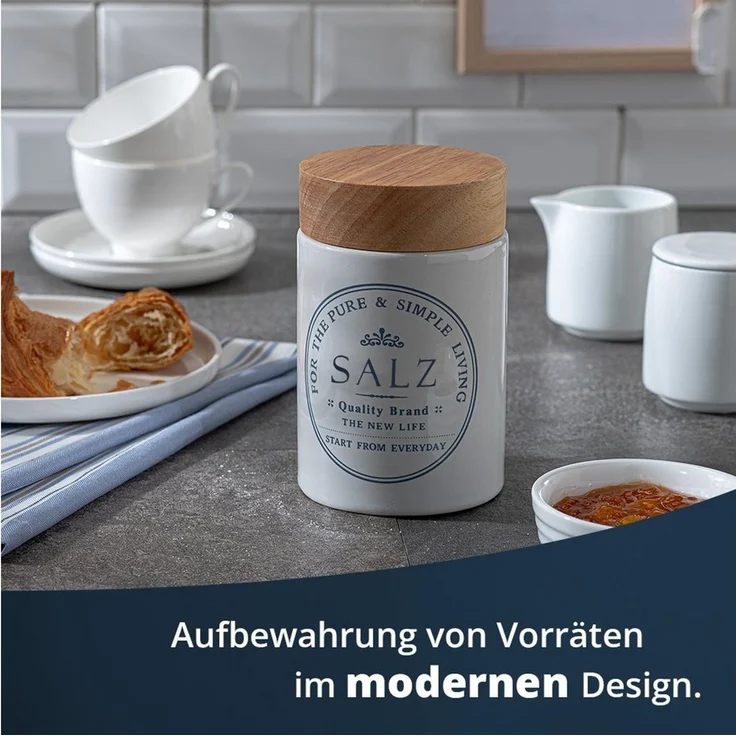 KHG Vorratsdose für Salz aus Steinzeug mit Akazienholz‑Deckel – im Landhausstil, Steingut, Aufbewahrungsdose für Salz – schützt Aroma da luftdicht verschließbar – Bild 1