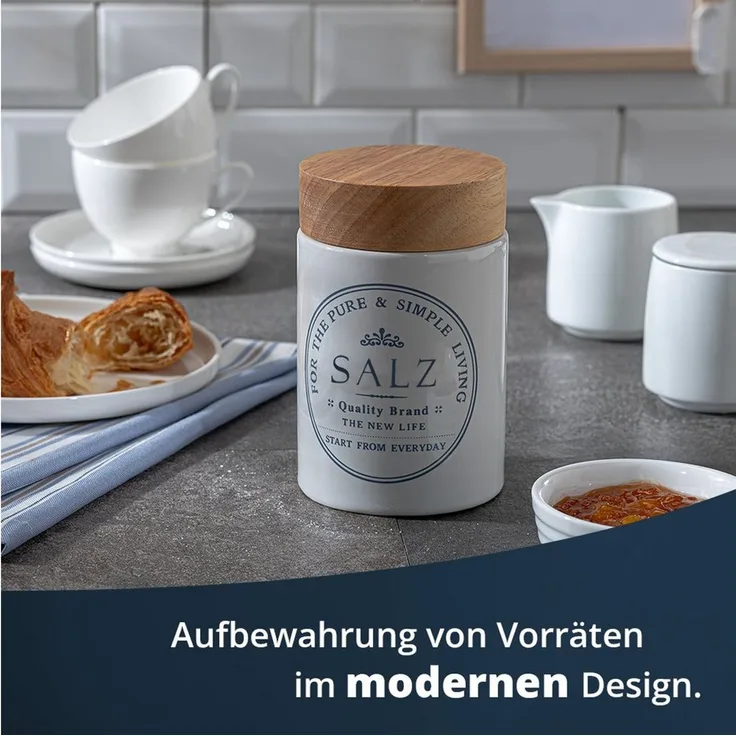 KHG Vorratsdose für Salz aus Steinzeug mit Akazienholz‑Deckel – im Landhausstil, Steingut, Aufbewahrungsdose für Salz – schützt Aroma da luftdicht verschließbar