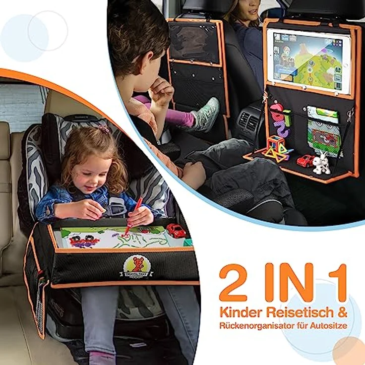 lenbest Doppelfunktion Kinder Reisetisch, Knietablett Reisetisch（Auto Rückenlehnenschutz） mit Transparenter Zeichnungsfilm, 5 Zeichnungsplatten und 6 Farbpens - Schwarzes/Orange – Bild 5