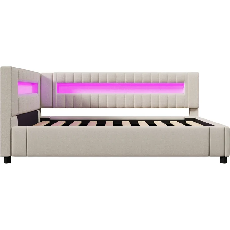 Merax Hydraulisches Polsterbett mit Ladefunktion, LED und Stauraum, Leinen Beige, 90 x 200 cm – Bild 7