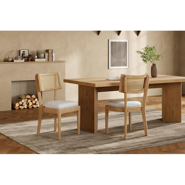 4 Esszimmerstühle aus Massivholz mit Rattan-Rückenlehnen, bequem und atmungsaktiv, geeignet für Esszimmer, Wohnzimmer, Cafés, moderner Stil, Leinen, Holzfarbe – Bild 18