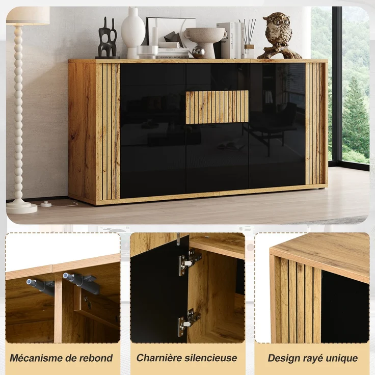 ZUBALIYA Sideboard 140x35x71 cm, mit 3 Türen, aus MDF / Spanplatte, Schwarz / Natur – Bild 8