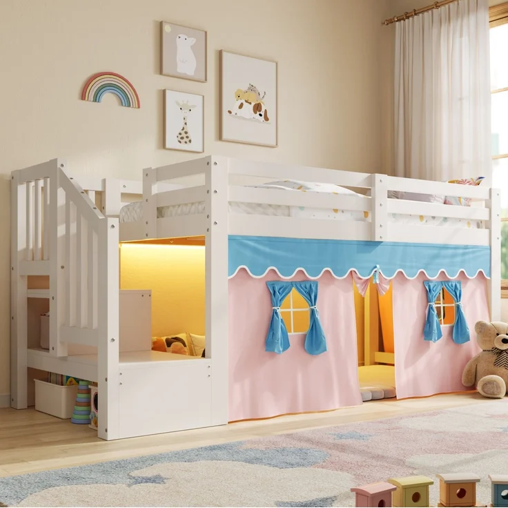 Halbhohes Bett 90x200 cm aus Kiefernholz und MDF mit LED-Lichtleiste, Vorhängen und Leiterschrank – Ohne Matratze – Bild 3