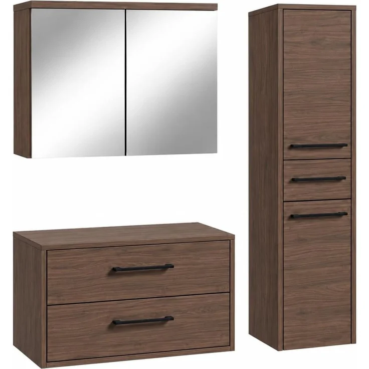 Badplaats Waschtischunterschrank-Set Florence 80 x 46 cm - Walnuss Braun - mit Spiegelschrank und Hochschrank – Bild 1