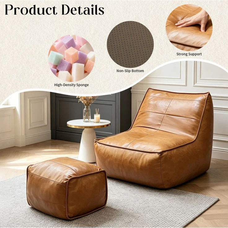 Sitzsack-Sessel 80cm×93cm×75cm mit Hocker in Braun – ergonomische Form und kompakte Relaxlösung – Bild 3