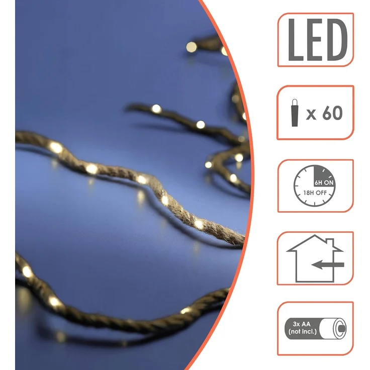 Spetebo LED-Lichterkette Tau mit Draht Lichterkette warm weiß mit Timer 400 cm, 60-flammig, Batterie betrieben – Bild 3
