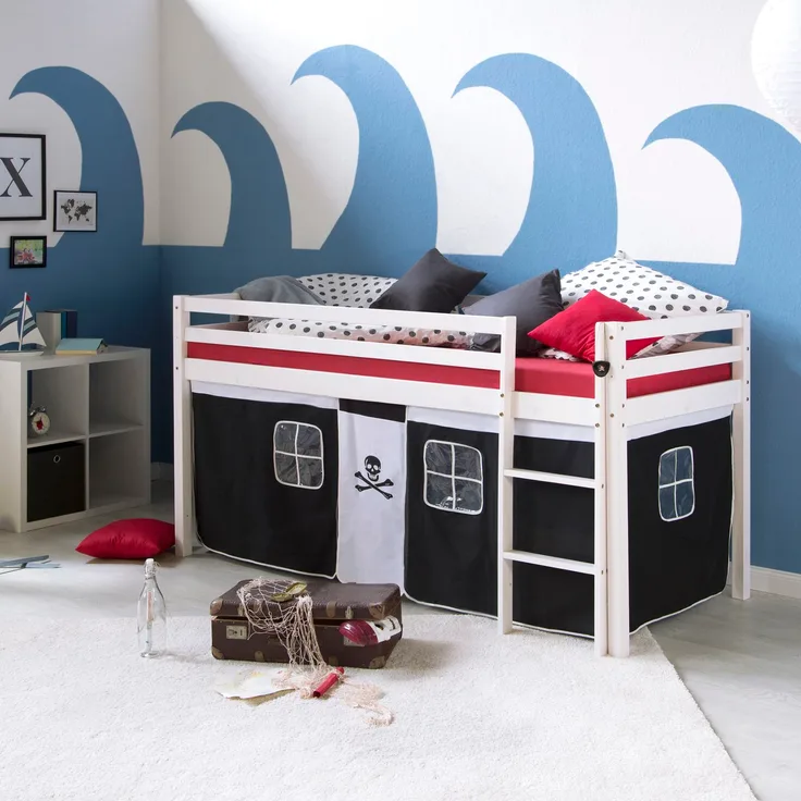 Hochbett Kinderbett Leiter Kiefer Vorhang schwarz 90x200 Jugendbett