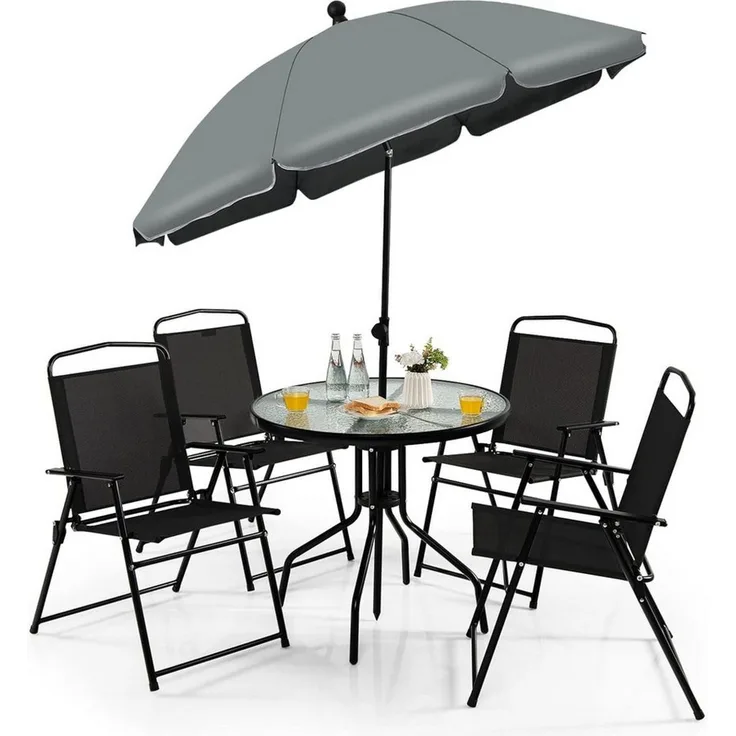 KOMFOTTEU Balkonset Gartenmöbel Set, 4 Gartenstühle mit Tisch aus Glas & Patio-Schirm