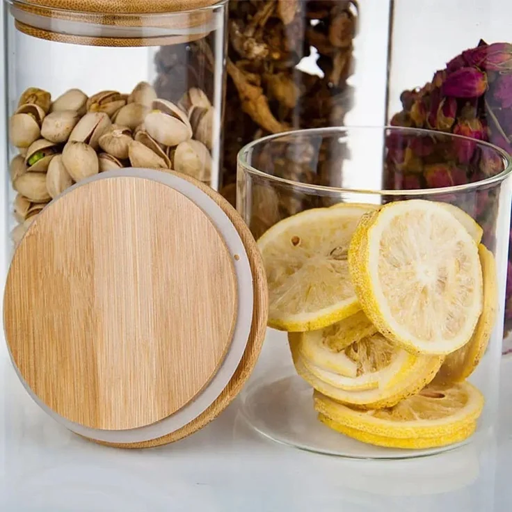 Simloveve Vorratsglas 5 Stück Gewürzbehälter Set Vorratsdosen Set, (250ml/550ml/700ml/800ml/1200ml/1400ml/1700ml/2000ml, 5-tlg), Aufbewahrung, luftdicht, platzsparend, stapelbar, Bambusdeckel – Bild 4